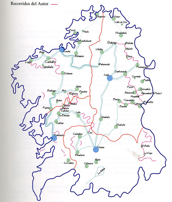 Mapa de Galicia coas viaxes por Galicia de Said Armesto