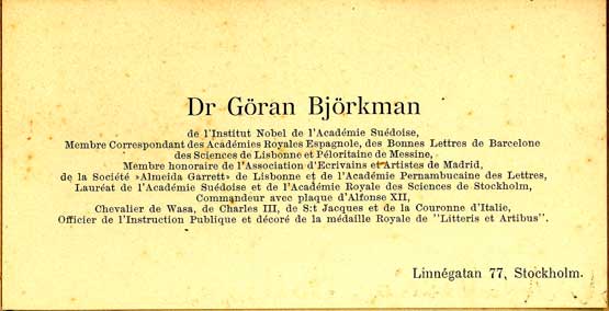 Tarxeta de visita do académico correspondente Göran Bjorkman